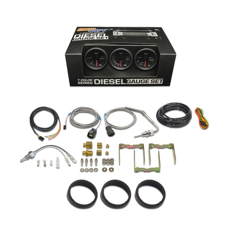 GlowShift Gauges Black 7 Color 3 Gauge Diesel Set – 60 PSI Boost, 2400 F Exhaust Gas Temperature & Transmission Temperature Gauges