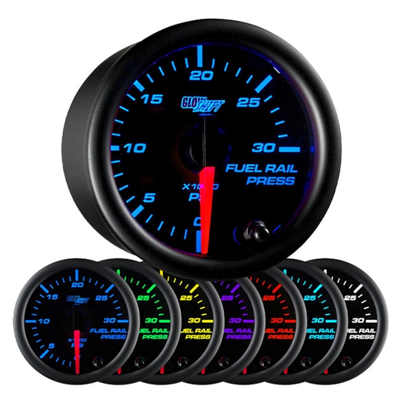 GlowShift Gauges Black 7 Color 30,000 PSI Fuel Rail Pressure Gauge