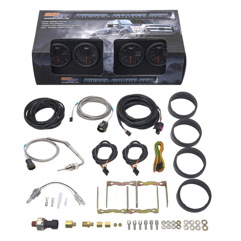 GlowShift Gauges Black 7 Color 4 Gauge Diesel Set – 60 PSI Boost, 1500 F ExhaustGas Temperature, Transmission Temperature & 100 PSI Fuel Pressure Gauges