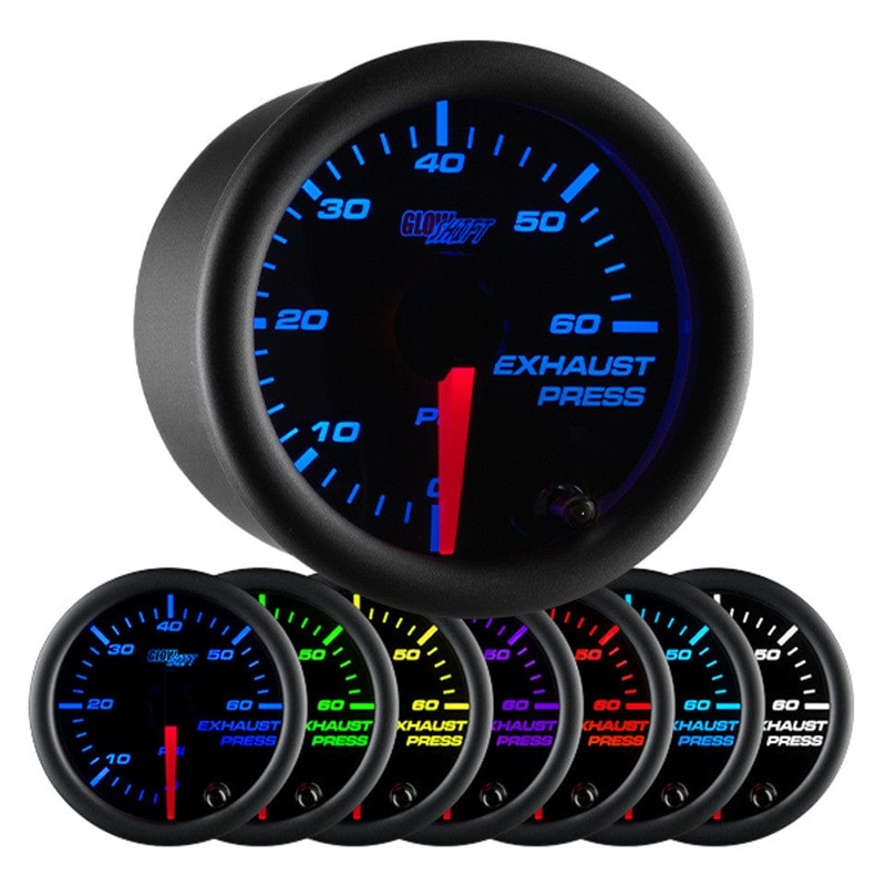 GlowShift Gauges Black 7 Color 60 PSI Exhaust Pressure Gauge