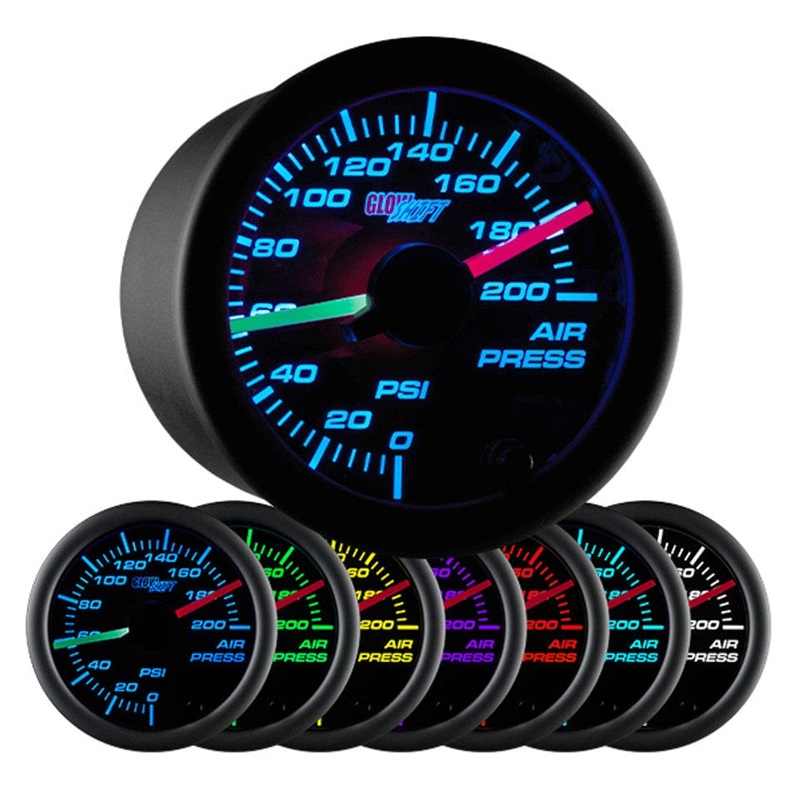 GlowShift Gauges Black 7 Color Dual Needle Air Pressure Gauge