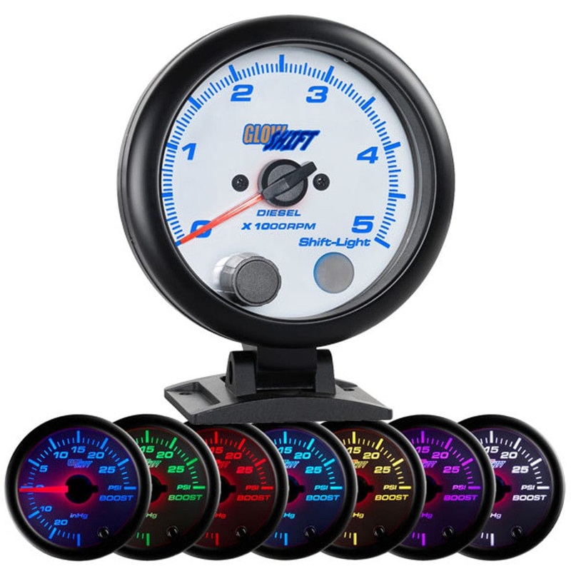 GlowShift Gauges White 7 Color 3-3/4″ On-Dash Diesel Tachometer Gauge