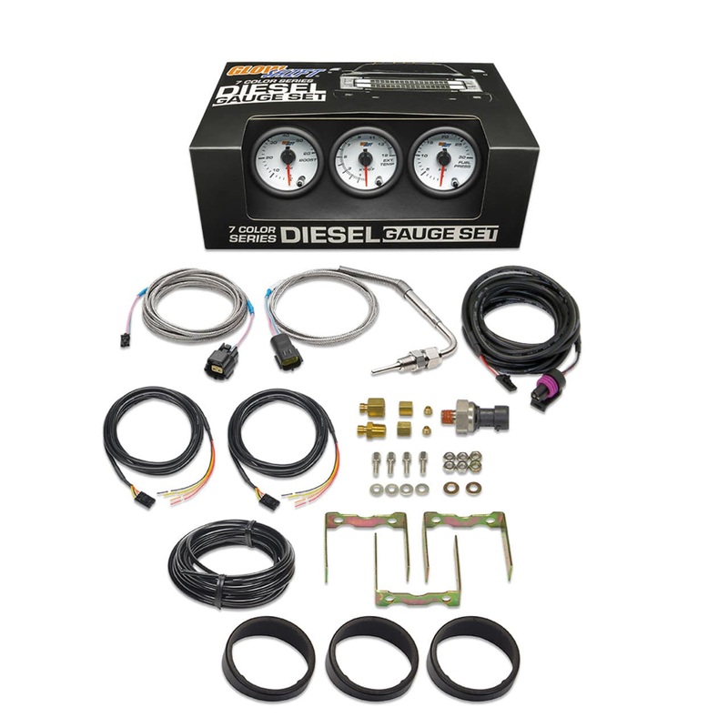 GlowShift Gauges White 7 Color 3 Gauge Diesel Set – 60 PSI Boost, 2400 F Exhaust Gas Temperature & 100 PSI Fuel Pressure Gauges