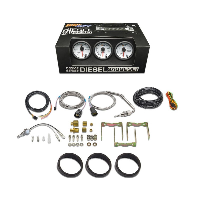 GlowShift Gauges White 7 Color 3 Gauge Diesel Set – 60 PSI Boost, 2400 F Exhaust Gas Temperature & Transmission Temperature Gauges