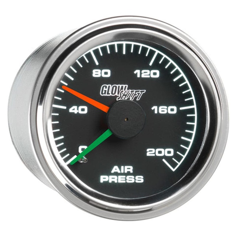 GlowShift Gauges Mechanical Series – 52mm – Black Face – 200psi Dual Air Pressure Gauge – White LEDs